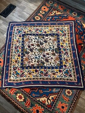 HUALI 100% Silk Scarf 41X40-Blue Floral